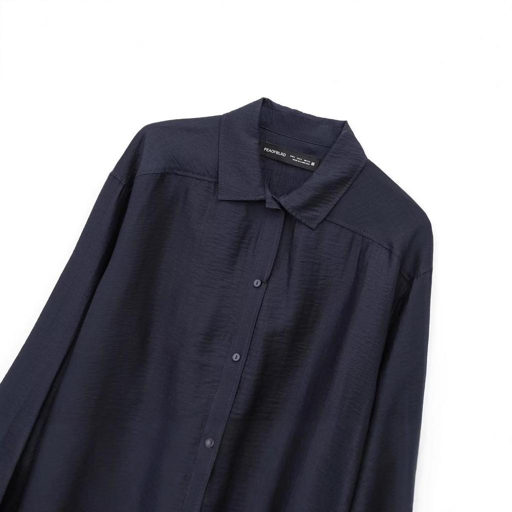 2024 Winter Women's European & American Style Pleated Satin Long Sleeve Shirt