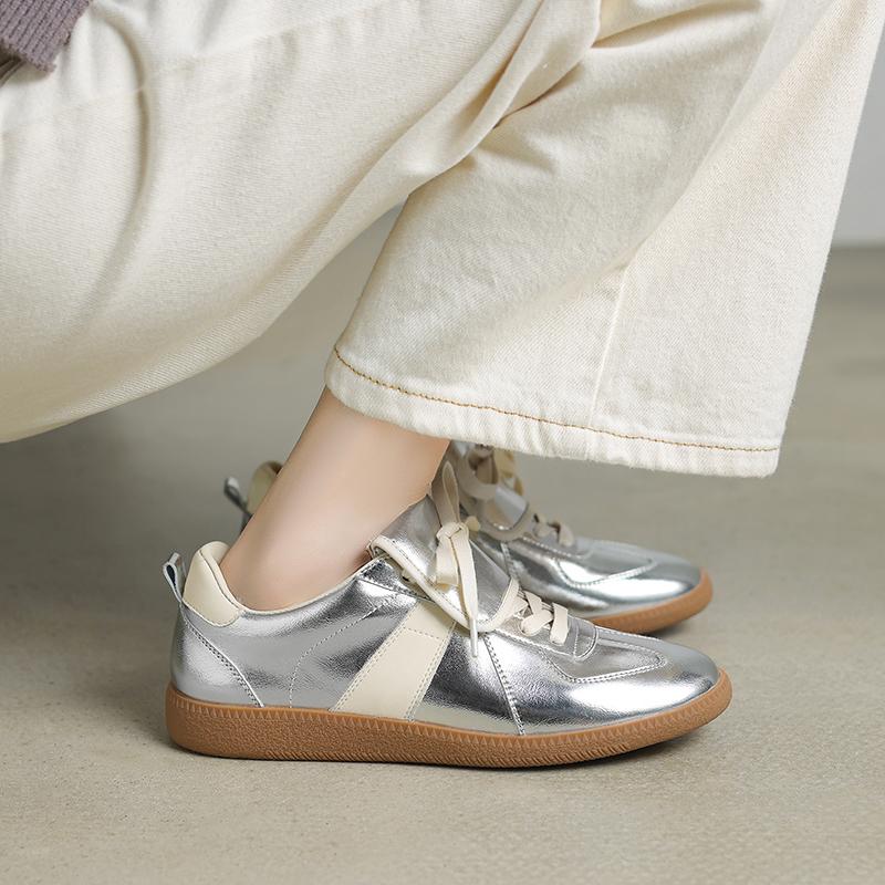 Fashion New Lace Up Sneakers Genuine Leather Splicing Flat Shoes Black Red Silver Ladies Casual Beading Flats Womens Round Toe Footwear