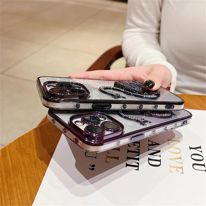 Double Color Gradient Diamond Swan Phone Case For iPhone 16 15 ProMax 14 13 12 Pro Max Plus 11 Glitter Quicksand Silicone Cover