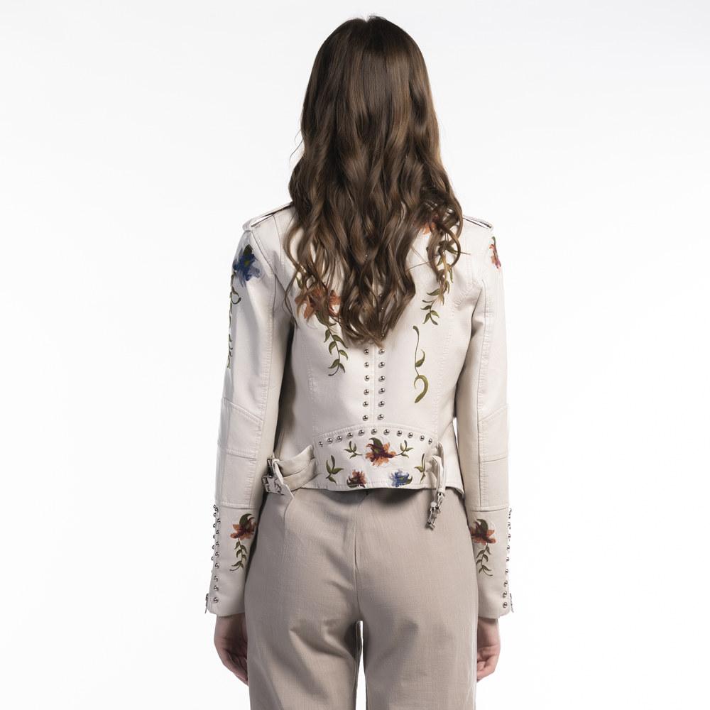 Turn-down Collar Pu Motorcycle Black Punk Outerwear Women Floral Print Embroidery Faux Soft Leather Jacket Coat