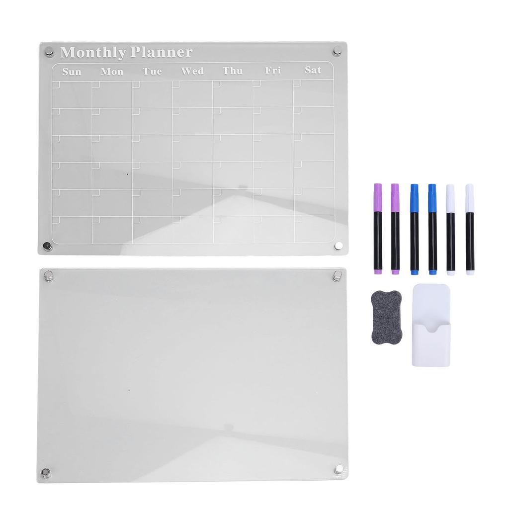 2 Pcs Set Acrylic Dry Erase Board 15.7x11.8in Clear Monthly Calendar and Blank Memo Board with 6