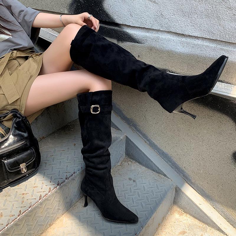 2025 Autumn and Winter Versatile Skinny Pile Boots Pointed Thin Heel High Heel Boots Women's Maillard But Knee Boots