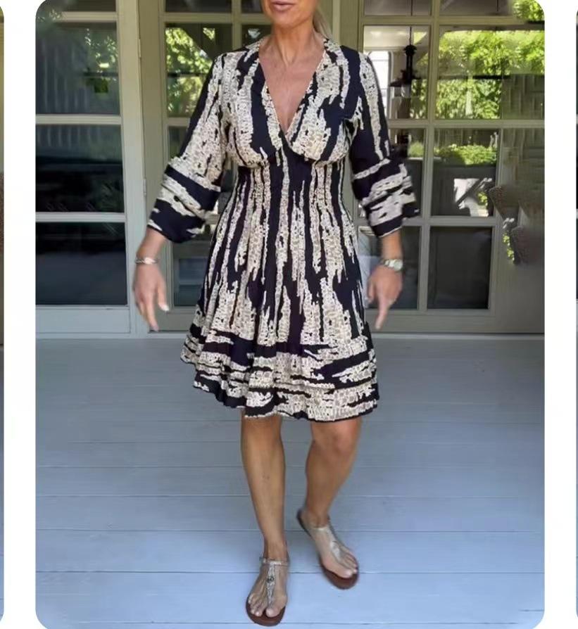 2026 Fashion Flared Sleeve V-Neck Dress Summer Women s Printed Medium and Long Skirt Women XS чёрный
