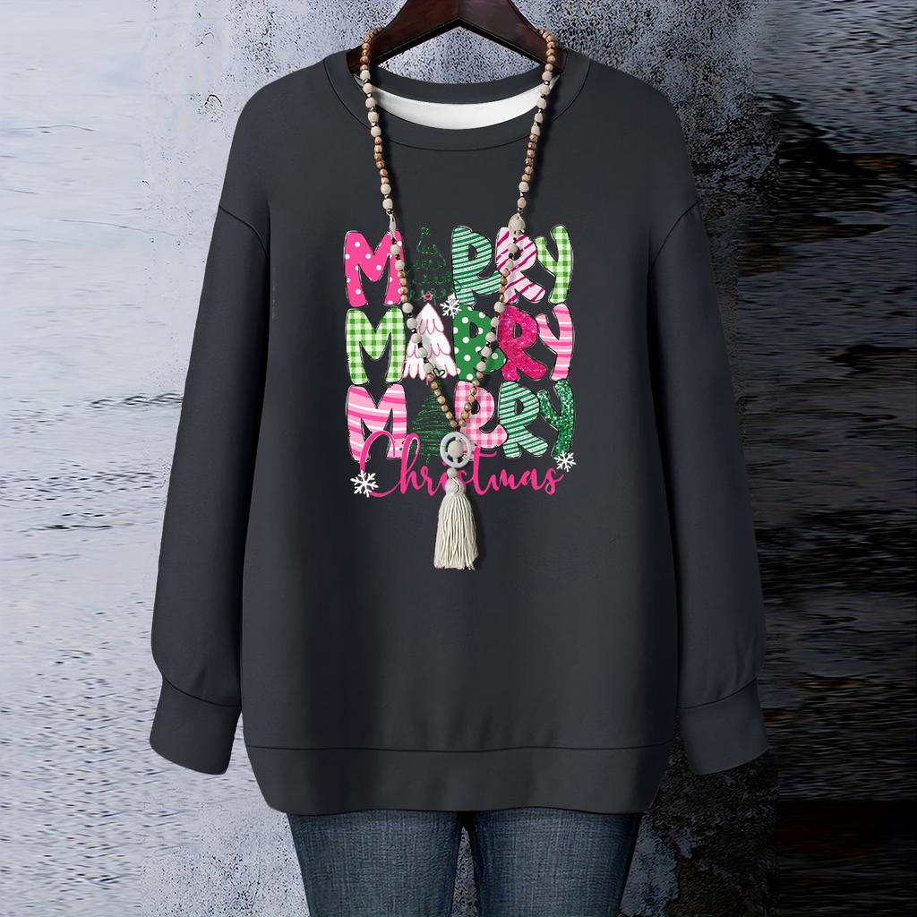 Damen Weihnachts-Print Rundhals Langarm T-Shirt Sweatshirt Oberteil