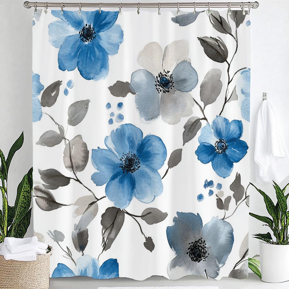Elegant Blue Floral Print Waterproof Shower Curtain Partition Privacy Hanging Curtain With Hooks Multiple Size Machine Washable