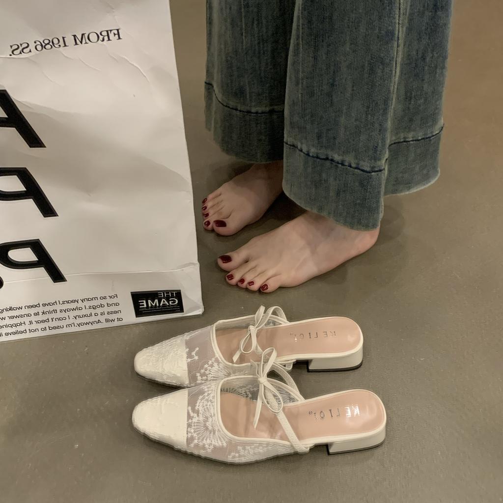 Fashion Mules For Women 2025 Butterfly-Knot Lace Shoes Pointed Toe Shallow Slippers Soft Slides Comfort Cover Heels Butterfly-knot Pumps