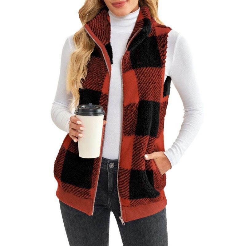 

Autumn Winter Plaid Fleece Hoodie Vest Women s Cardigan Fashion Stand Collar Simple Casual Pocket Sleeveless Female Office Coat XXXL червоний