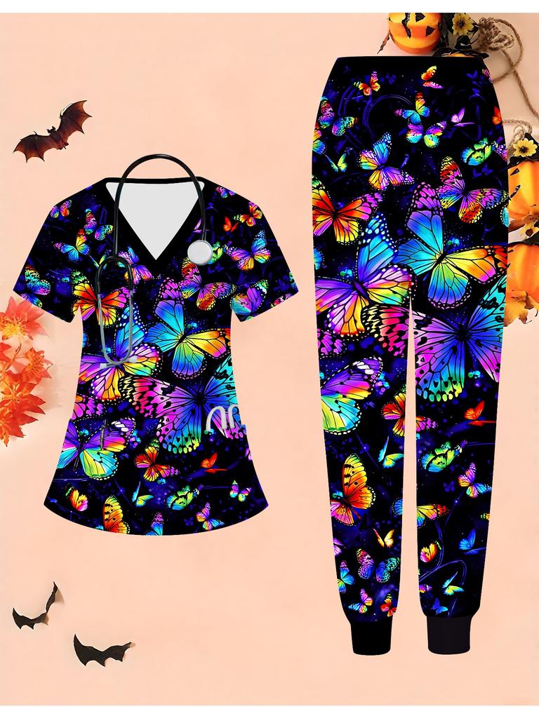 3D Flower Printed Women's Nurse Uniform Set Short Sleeve Long Pants with Pocket Casual Fashionable Christmas Gift