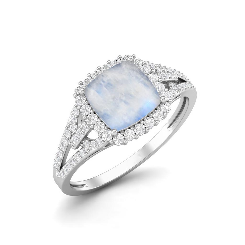 925 Sterling Silver 3.82  Cts Cushion Shape Moonstone  Solitaire with Accent Wedding Women Ring