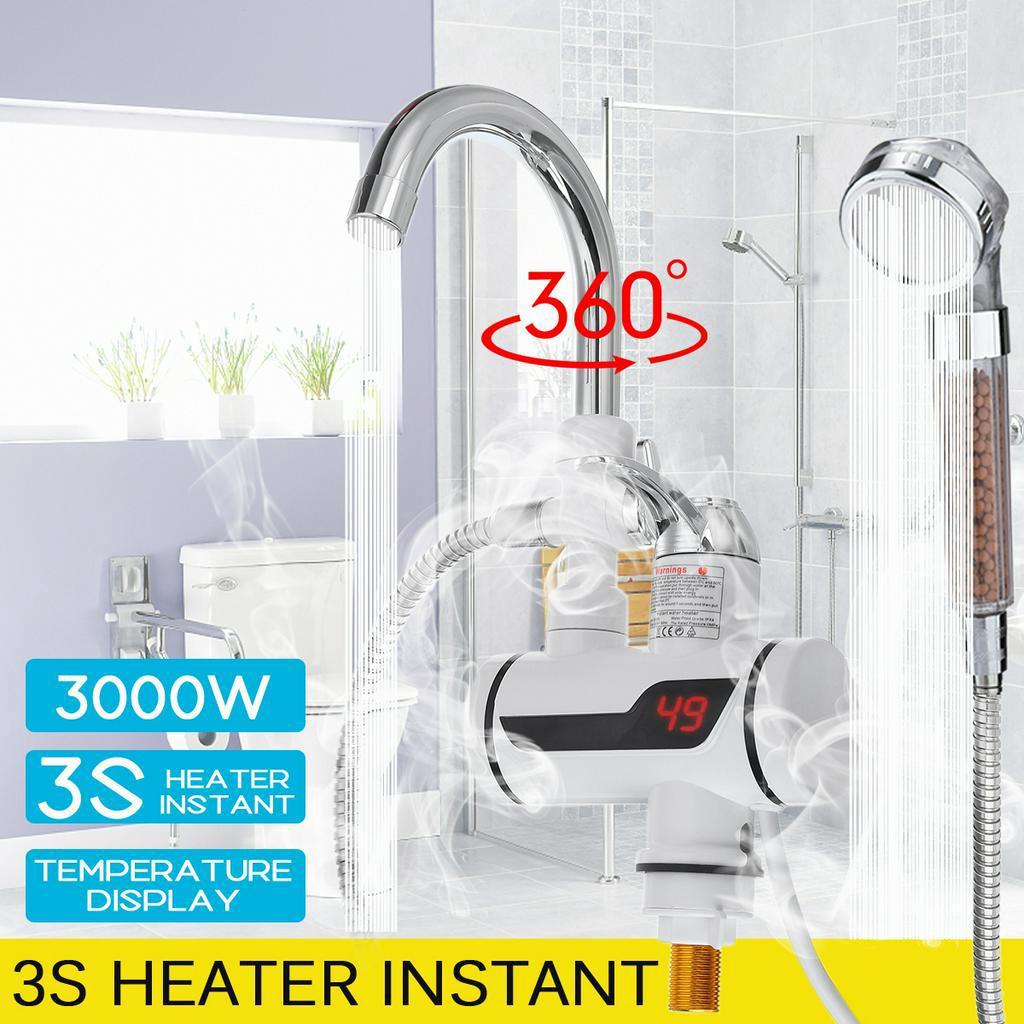 3000W Instant Hot Water Tap LCD Temp Display 360 Degree Rotation Electric Faucet Tap Hot Water Heater Showerhead Optional 220V/50HZ