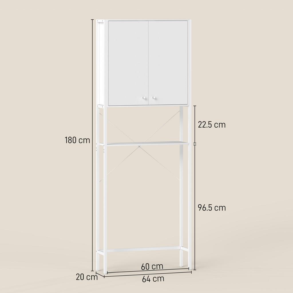 Mobile Toilet with Cabinet and Open Shelf, Space-Saving Washer Top Unit with Metal Legs, for Bathroom and Laundry Room, 64x20x180 cm, White