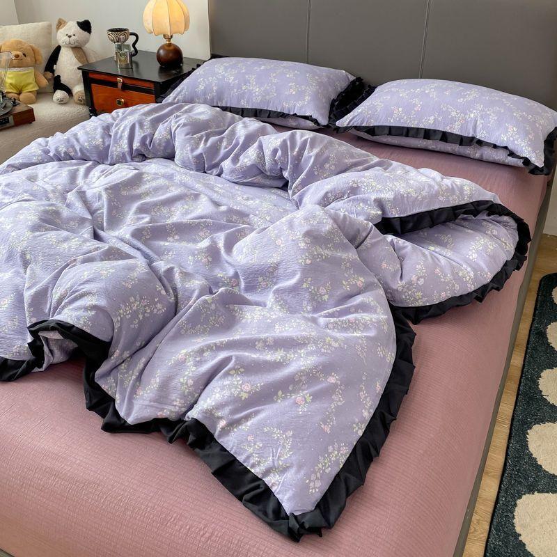 

ИНС Французский Стиль Цветочный Простой Черное Кружево Двухслойная Марля Комплект Постельного Белья Стиранный Хлопок Простыня Простыня на Резинке Свежий Пододеяльник Quilt Cover 200x230-2