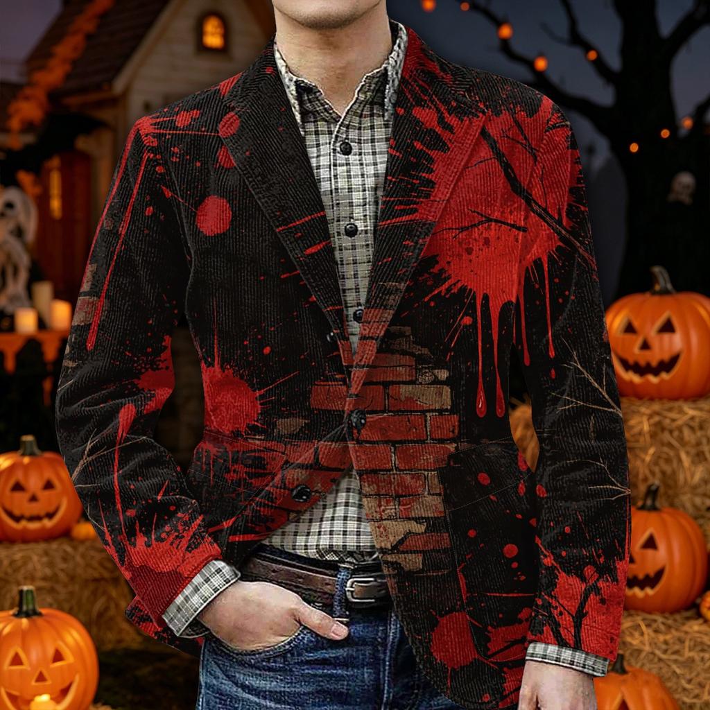 Herren Halloween Print Corduroy Warme Blazerjacke mit Taschen Lässiger Anzugmantel Knopfleiste Vorne Langarm Oberbekleidung