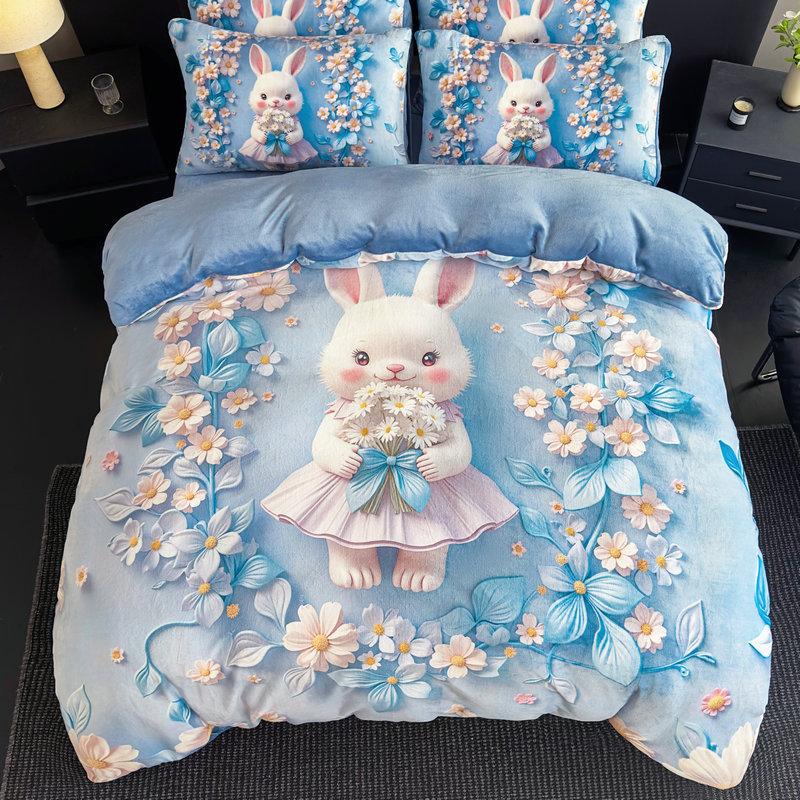 Milk Fleece Four-Piece Set, Large Version Digital Printing Cute Cartoon Single Double Quilt Cover, Bed Hat Three-Piece Set