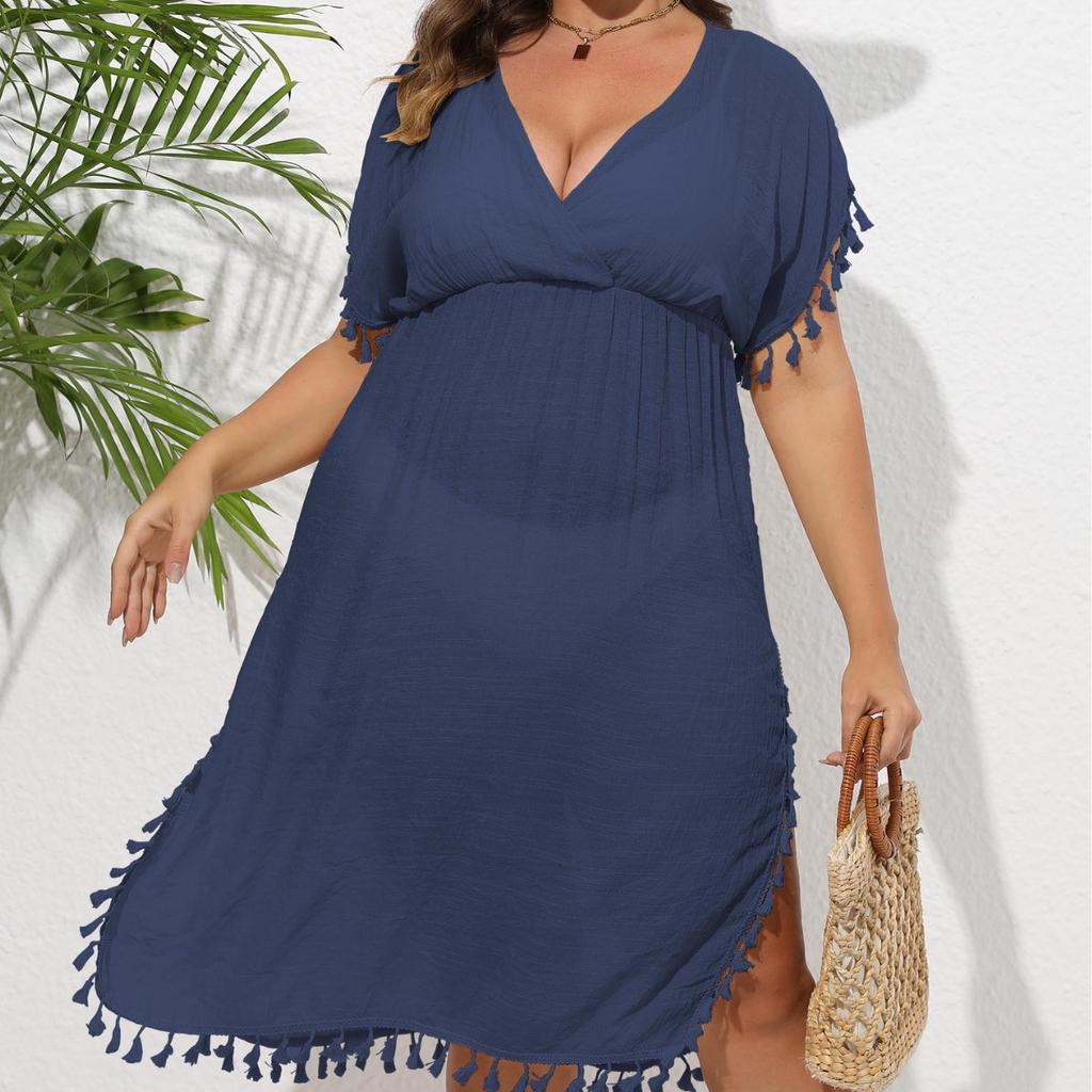 Plus Size Women's Beach Dress Holiday Bikini Cover-up Tassel Splicing Deep V Waist Dresses