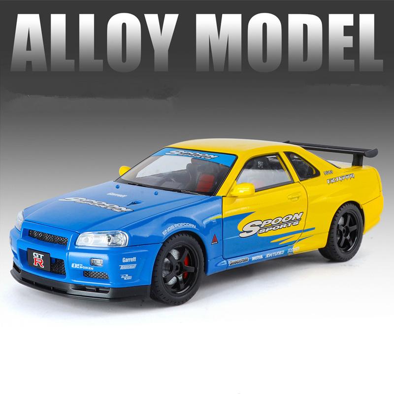 1/18 Nissan Skyline Ares GTR GT-R R34 Alloy Track Sports Car Model Diecast Metal Racing Car Vehicle Model Sound and Light Kids Toy Gift