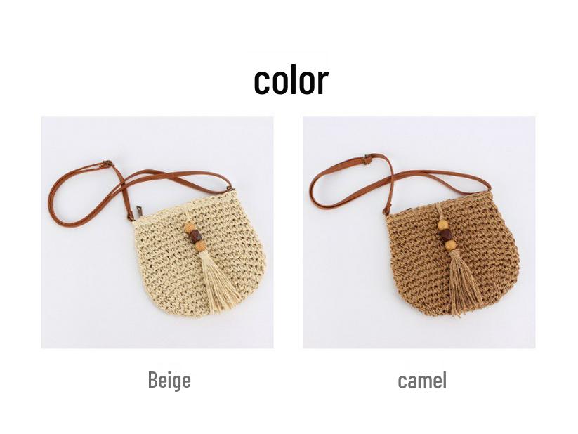 Handmade Straw Woven Crossbody Bag with Tassels & Wooden Beads – Perfect for Beach Vacations & Versatile for Women