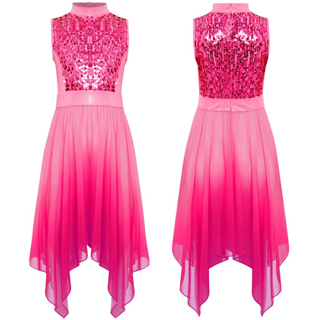 Girls Liturgical Dance Dress - Sleeveless Mock Neck Tunic with Asymmetrical Hem & Shiny Sequins for Worship Performance