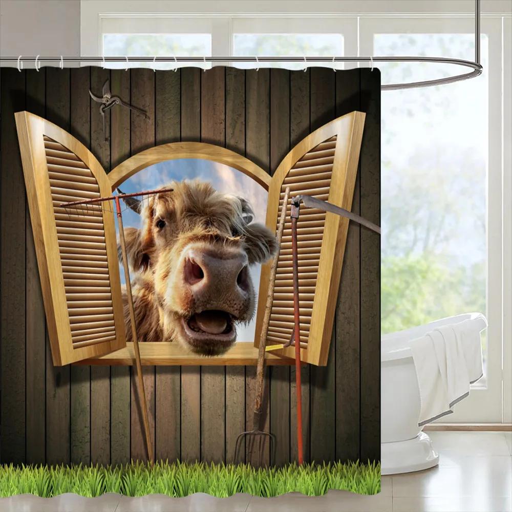 Wood Door Cow Shower Curtain Farm Animal Barn Door Wooden Wheel Pumpkin Sunflower Retro Bath Curtain Bathroom Accessories Set