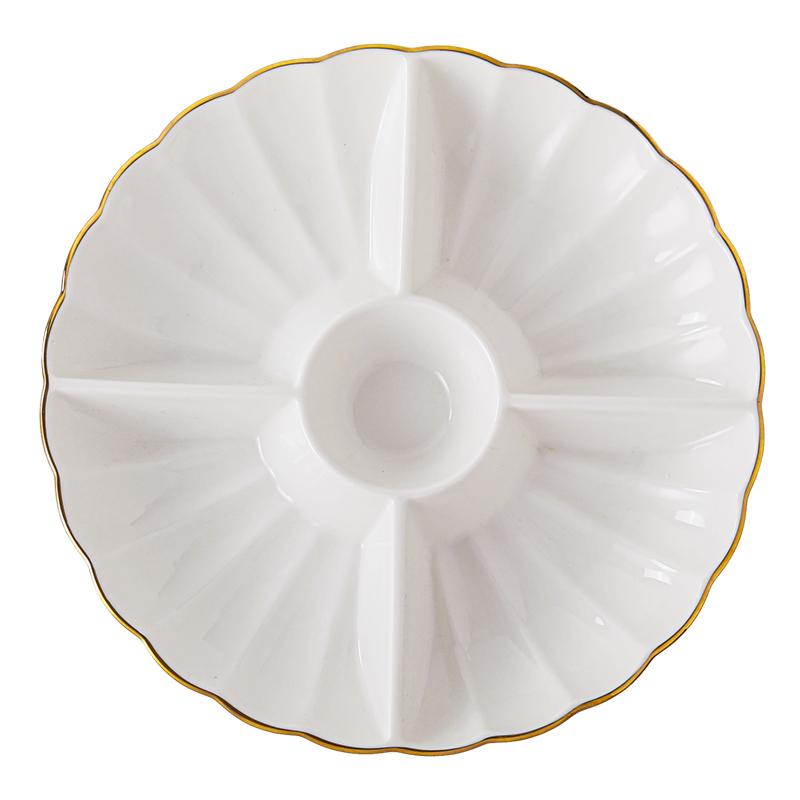 10inch Gold-rimmed Ceramic Hot Pot Divided Plate Household White Dried Fruit Snack Plate Hotel Simple Tableware