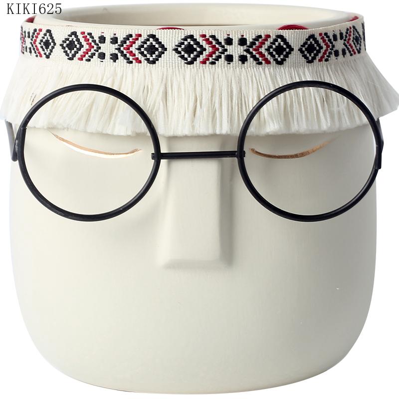 Creative Abstract Black Frame Glasses Head Ceramic Flower Pot Vase Succulents Cactus Potted Garden Decor Human Face Flower Pot