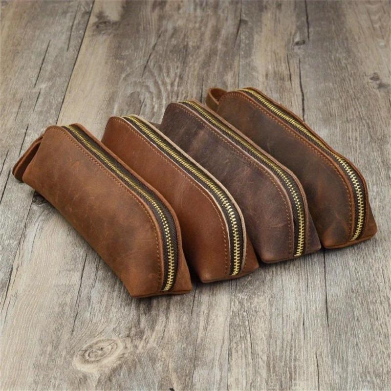 Vintage Leather Pencil Bag Simple Stationery Holder Pen Case Storage Bag Zipper Pencil Pouch Glasses Box School Supplies