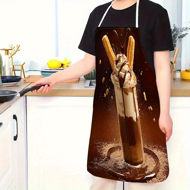 1pc Chocolate Milkshake Apron Linen Kitchen Baking Cooking Sweet Dessert Theme Funny Design Adjustable Neck Strap Home Use