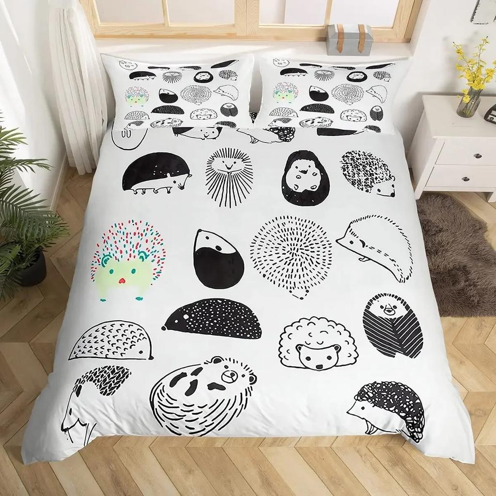 Hedgehog Duvet Cover Mushroom For Boys Teens Cute Cartoon Wild Animal Pinecone Tree Leaf Quilt Cover Autumn Leaves Room Decor