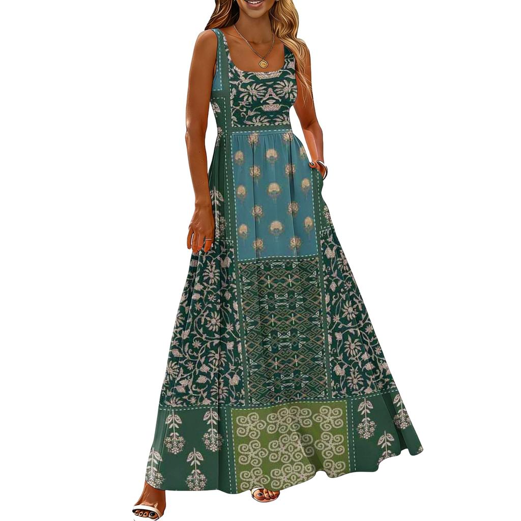 Ladies' floral print summer casual and fashionable sleeveless long dress