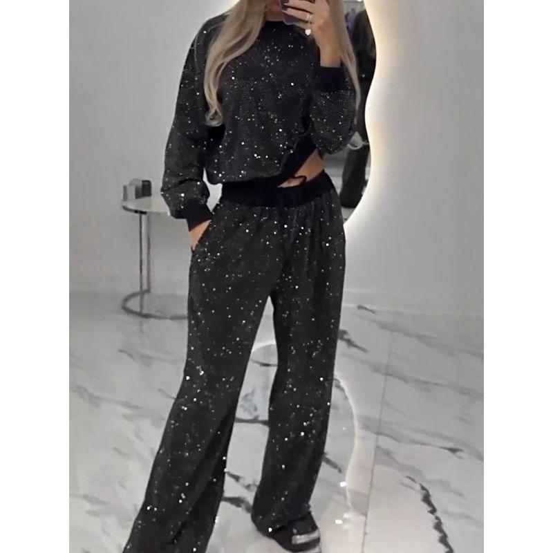 

American Cross-Border Autumn and Winter Women clothes Starry Sky Starry Sky Long sleeve round Neck Loose Top Drawstring Wide Leg Two-piece Set Suit Black L