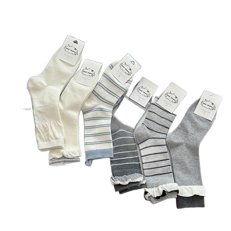 Korean Style Striped Mid-Calf Breathable Cotton Socks for Women - Ballet Academy Design