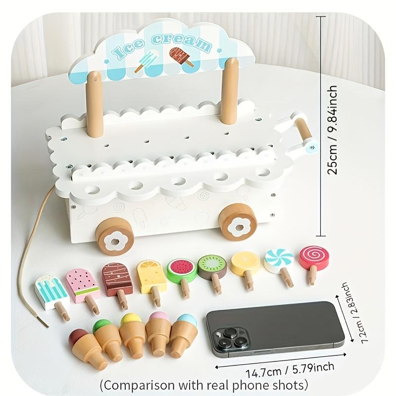 Wooden Pretend Play Ice Cream Truck, Dessert Shop Role Playing Toy Photography Props, Game Room Decorations,8 Ice Cream Stands and 4 Accessories,