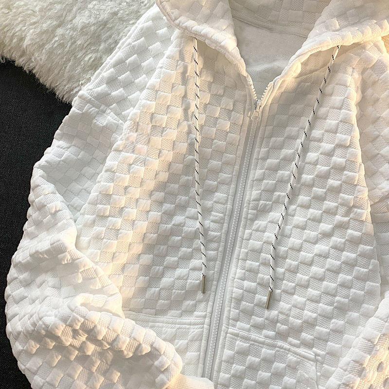 Women's Loose Fit Waffle Jacket - Spring/Autumn, BF Style, Zipper Cardigan Sweater