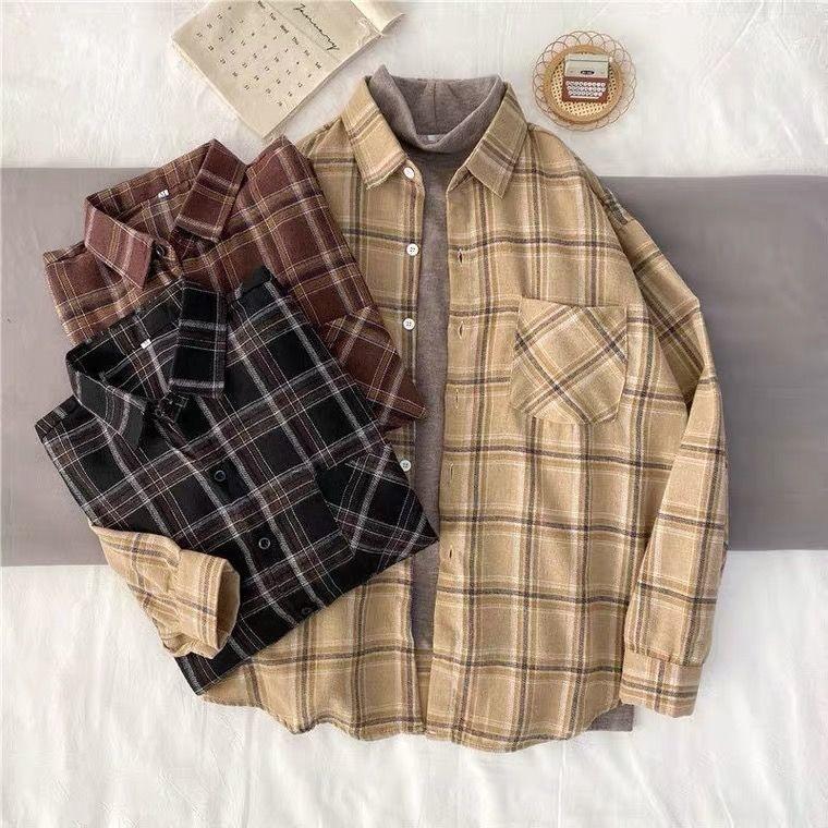 Women Shirt Plaid Oversized Brown Top Turn-down Collar Leisure Fashion Loose All-match Long Sleeves Soft Chic Korean Top