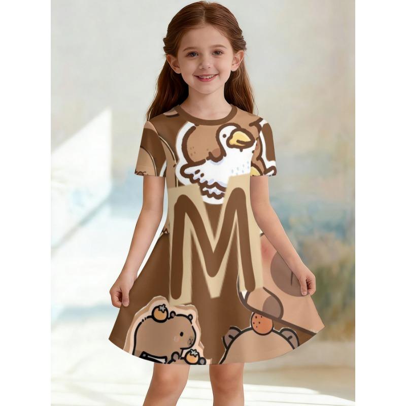 Mädchen 3D Rundhals A-Linien Kleid, gelb-braune Farbblockierung, durchgehend süßer Capybara-Aufdruck, perfekt für Partys und Geburtstagsgeschenke.