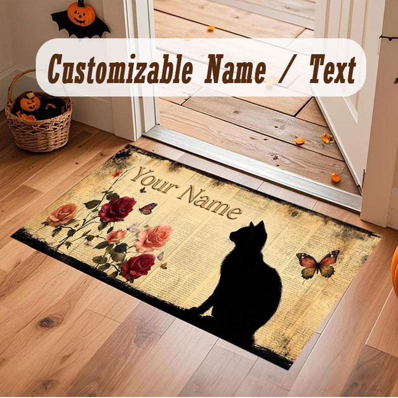 Cat Theme Crystal Velvet Floor Rug Personalized Custom Name Text Warm Carpet Home Decoration