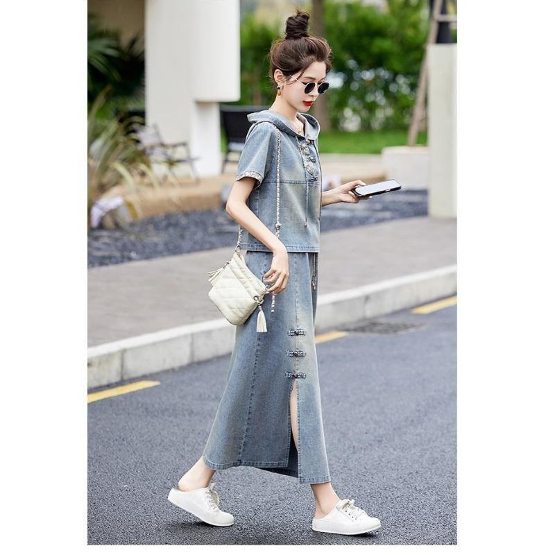 Fashion Embroidery Denim Skirt Set Women Summer Hooded Two Piece Outfit Chinese Style Vintage Youthful