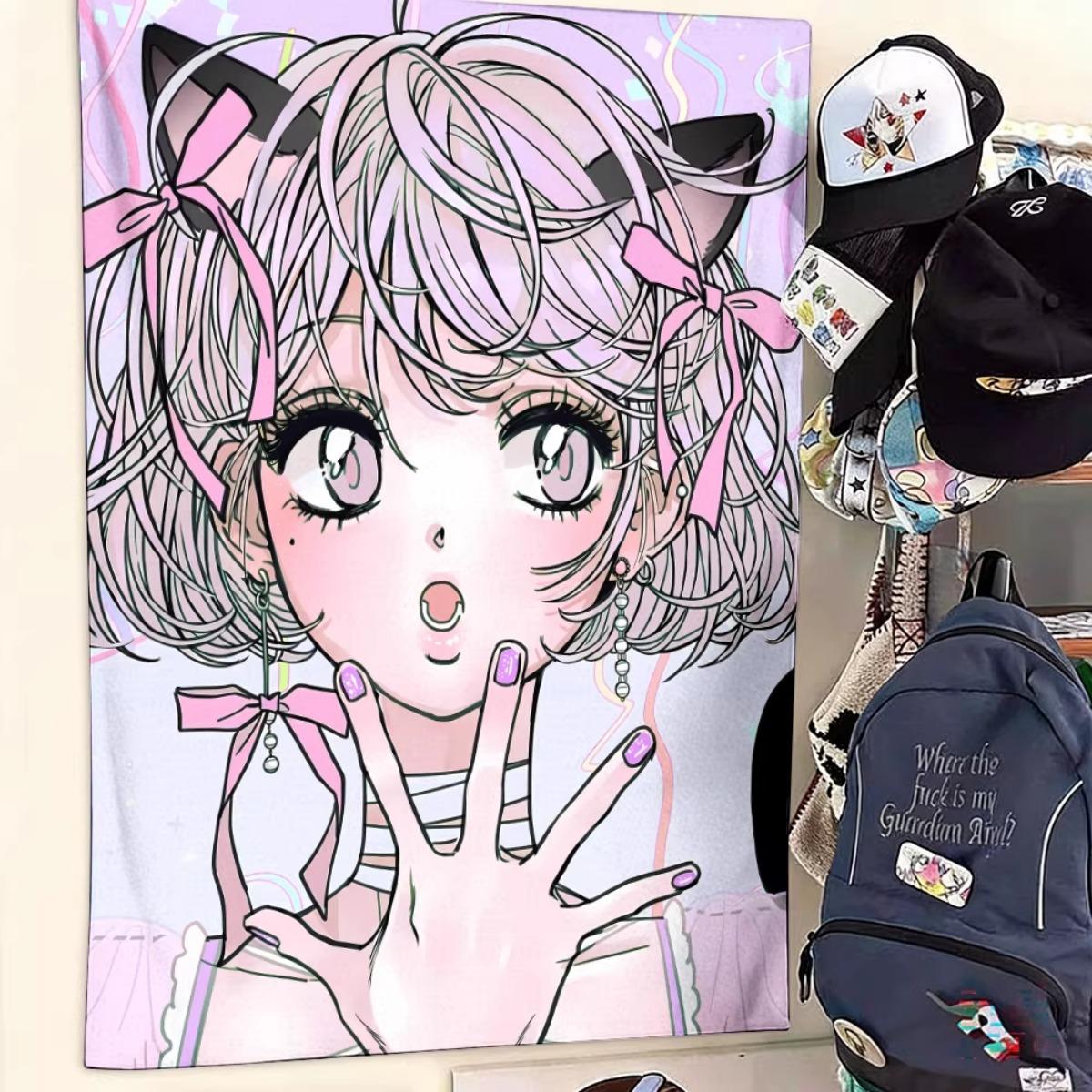 

Kawaii Cat Ear Anime Girl Tapestry Pink Y2K Aesthetic Wall Hanging Cute Neko Girl Background Cloth for Bedroom Dorm Ins Style 74x94cm(29x37in)