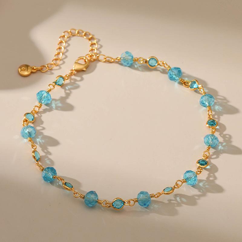 Women S Copper Plated 18k Gold Blue Zircon Handmade Beaded Anklet