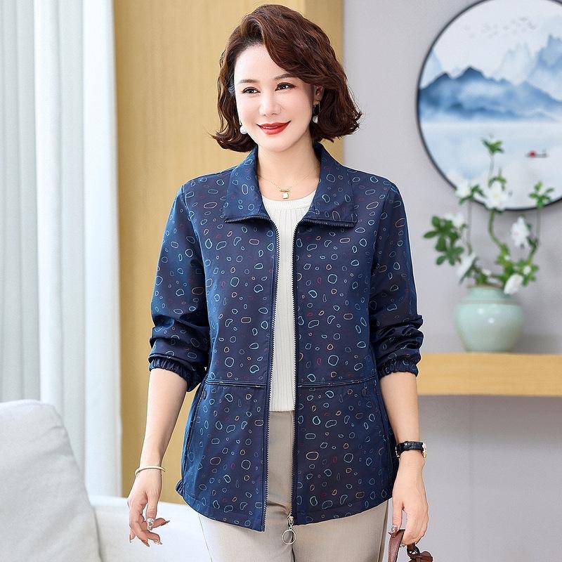 Early Spring Printed Lapel Zipper Jacket for Middle-Aged & Elderly Women - Loose, Comfortable Outerwear