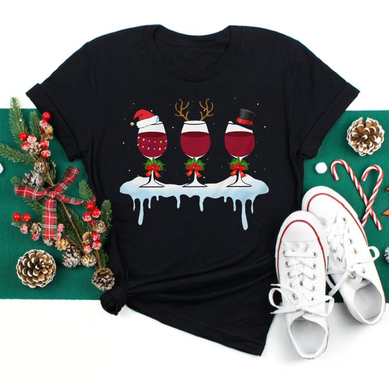 Polyester  100% New Christmas Happy Christmas Tree Santa Claus Casual and Fashionable Round-neck Short-sleeved Women's Base Tops