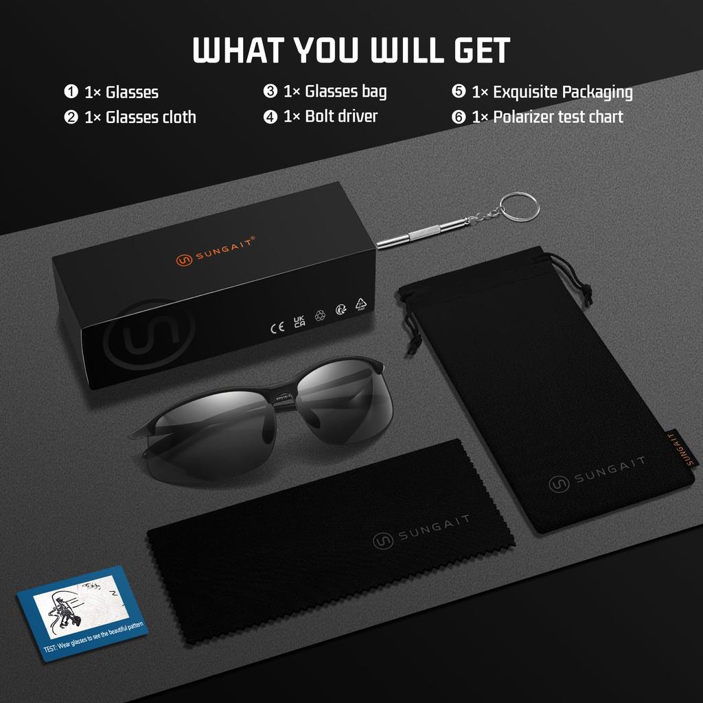 SUNGAIT Polarized Sports Sunglasses for Sunglasses with Fashionable UV Protection Men's Running, Unisex, Black, Men's Shades, (Black Frame/Gray Lens)
