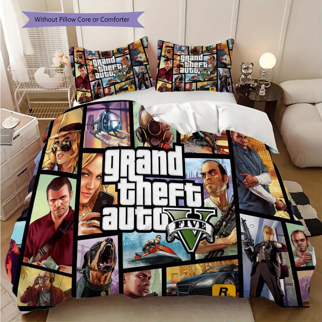 Vibrant Collage Grand Theft Auto V Characters Bedding (1 * Duvet Cover + 2 * Pillowcase, Without Core) 2D Flat Christmas Birthday Gift Bedding Set