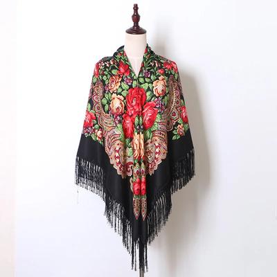 160*160Cm Women Russian National Scarf Lady Tassel Floral Print Headscarf Wraps Babushka Bandana Beach Travel Shade Shawls