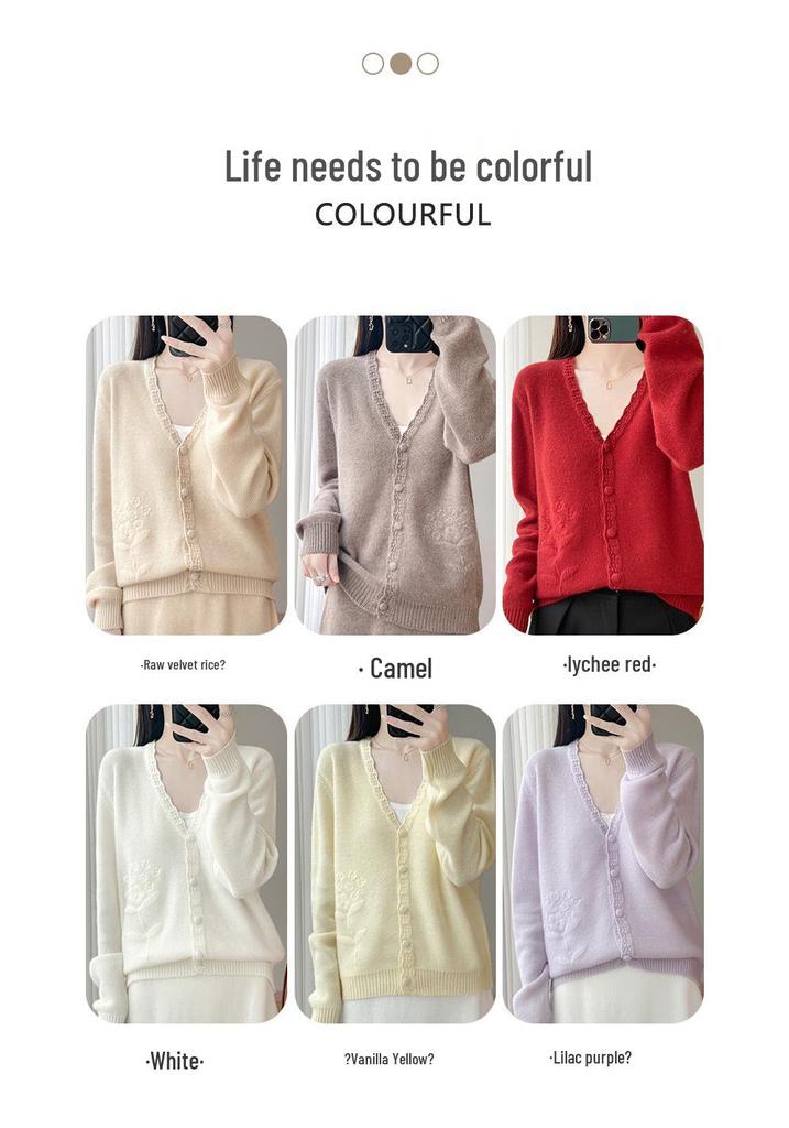 2025 A/W Women's V-Neck Pure Wool Jacquard Knit Cardigan Sweater
