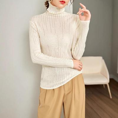 Heavy-duty Striped Diamond-Stamped Mulberry Silk and Wool Turtleneck Slim Knit Sweater for Women - 2024 Autumn/Winter Collection.