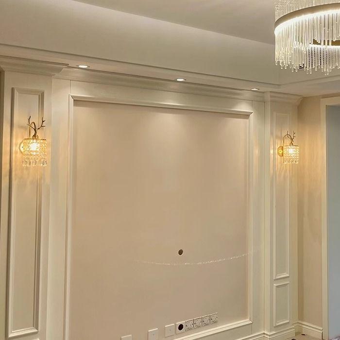 Luxury All-Copper Retro Crystal Wall Lamp with French Deer Design for Living Room and Bedroom