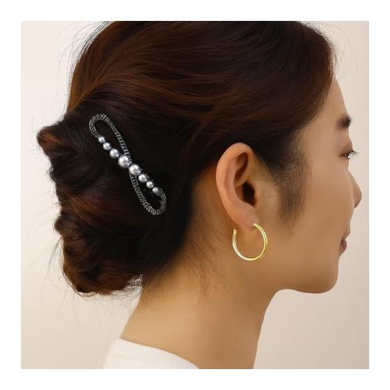 Audio Fan Hairpin Pearl Clip Set of 2, Rhinestone Sparkly Elegant Hair Accessories, Black Gunmetal, Figure-8 Pearl Duckbill Clip