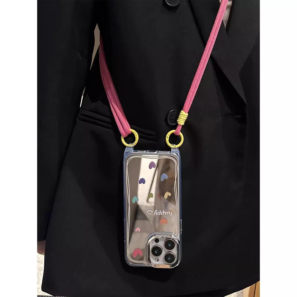 Heart-Design Mirror Phone Case with Lanyard for Apple 13/14/15/16 Pro Max