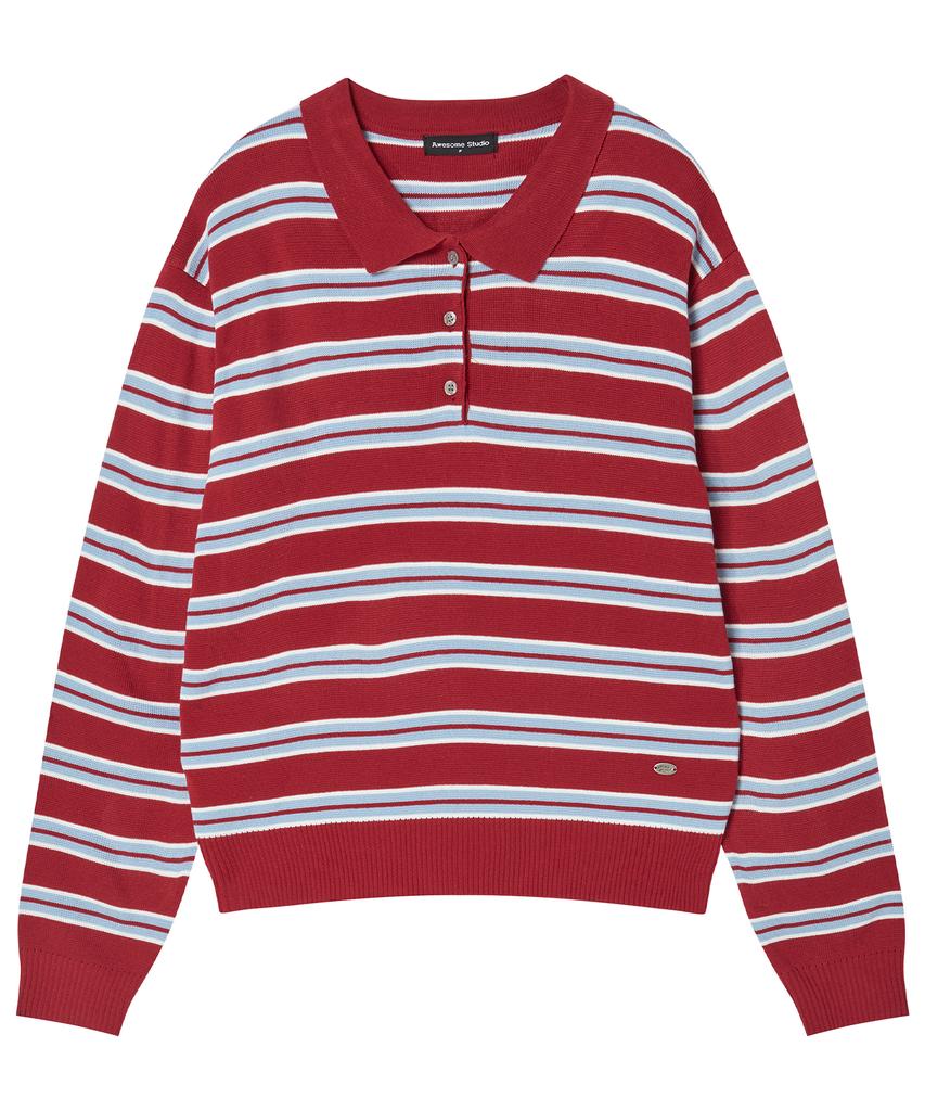 AWESOME STUDIO Multi-Stripe Collared Knit Burgundy